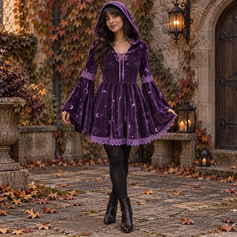 Purple Velvet Celestial Moon Star Hooded Bell Sleeve Mini Dress Whimsigoth Goth